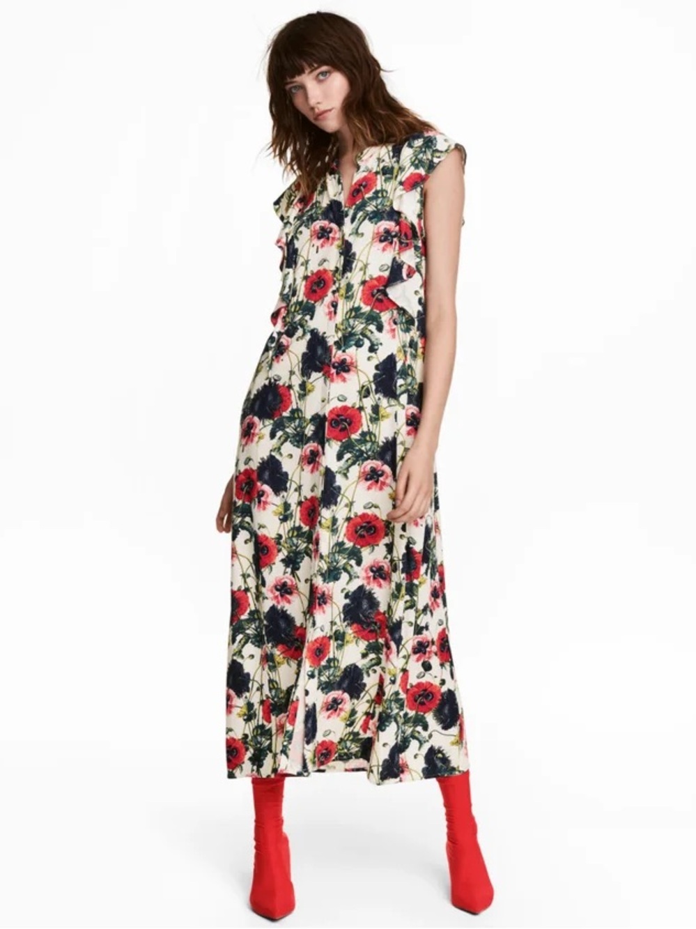 H&M size M Floral Ruffle button up Midi Dress in Cream with Red & Navy Blooms